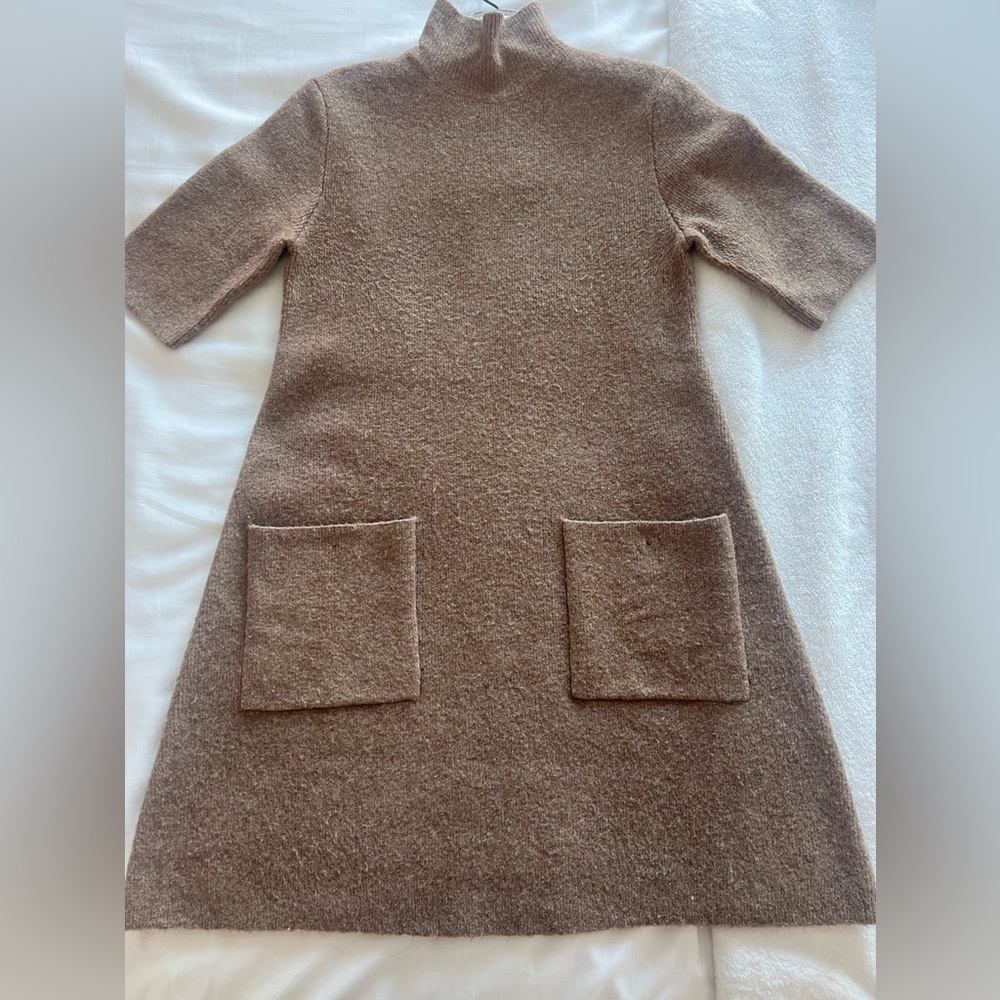 Chick & Cozy Light Brown Dress with Mock Neck & Front Pockets